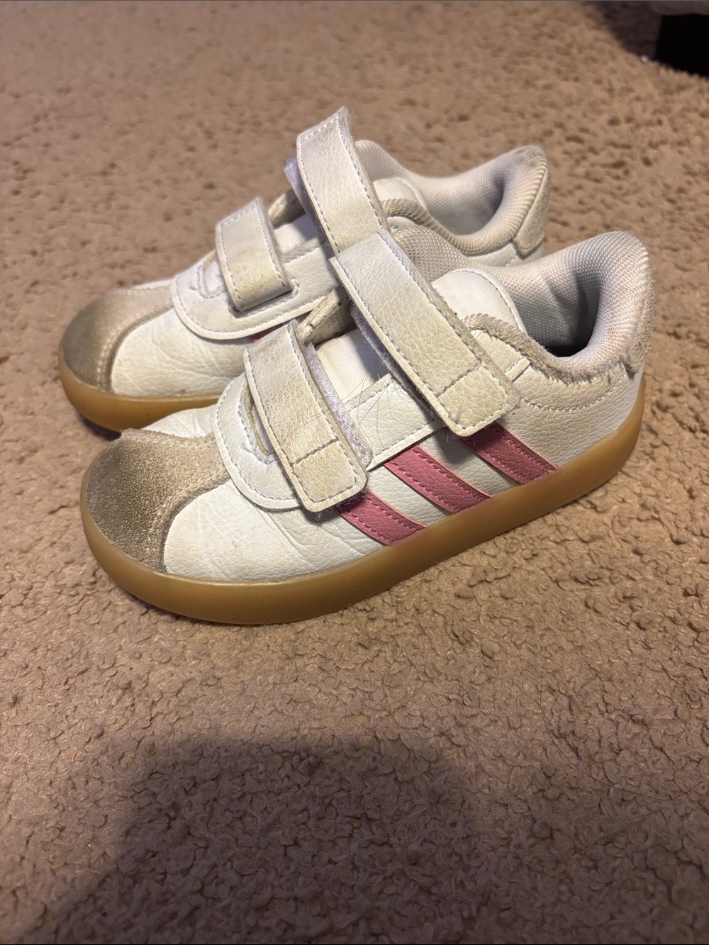 adidas White Sneakers with Pink Stripes and Gum Sole - Kids